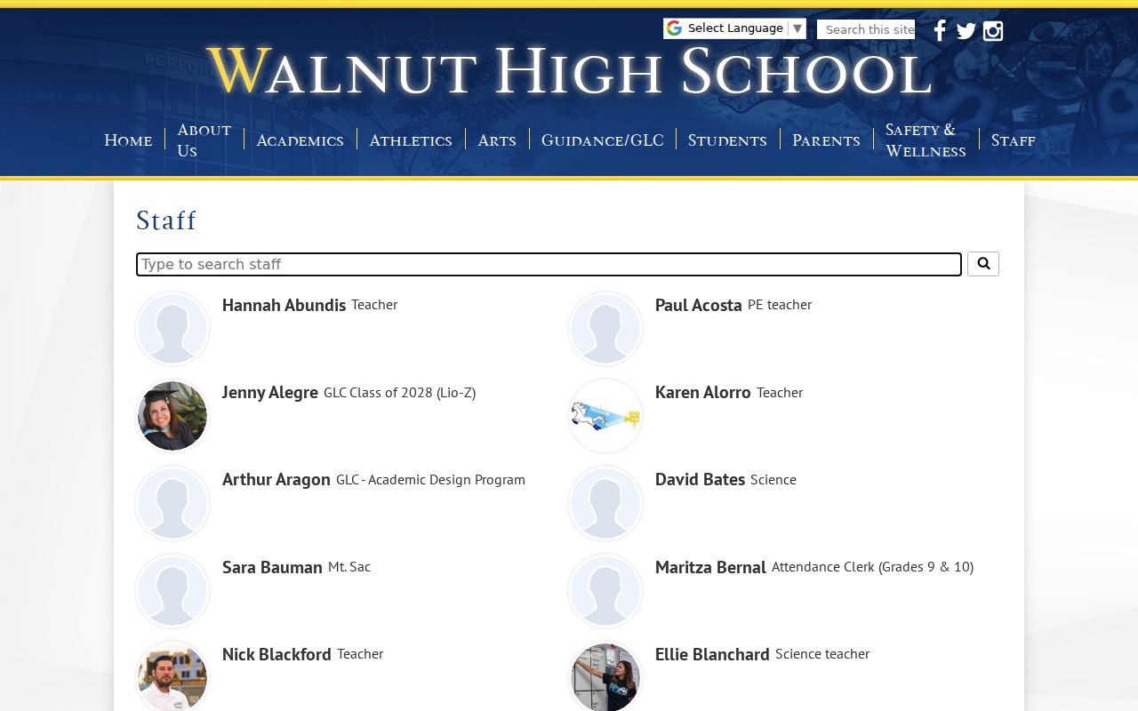 Walnut people directories screen for Walnut High School staff