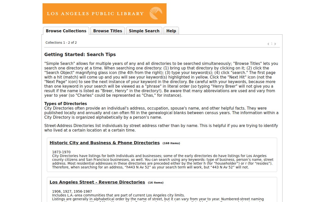Walnut people directories view of the LAPL ResCarta collection browser