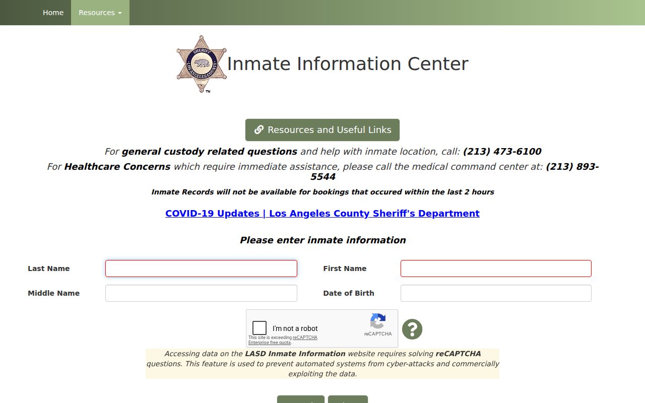 Walnut records custody lookup in the LASD Inmate Information Center