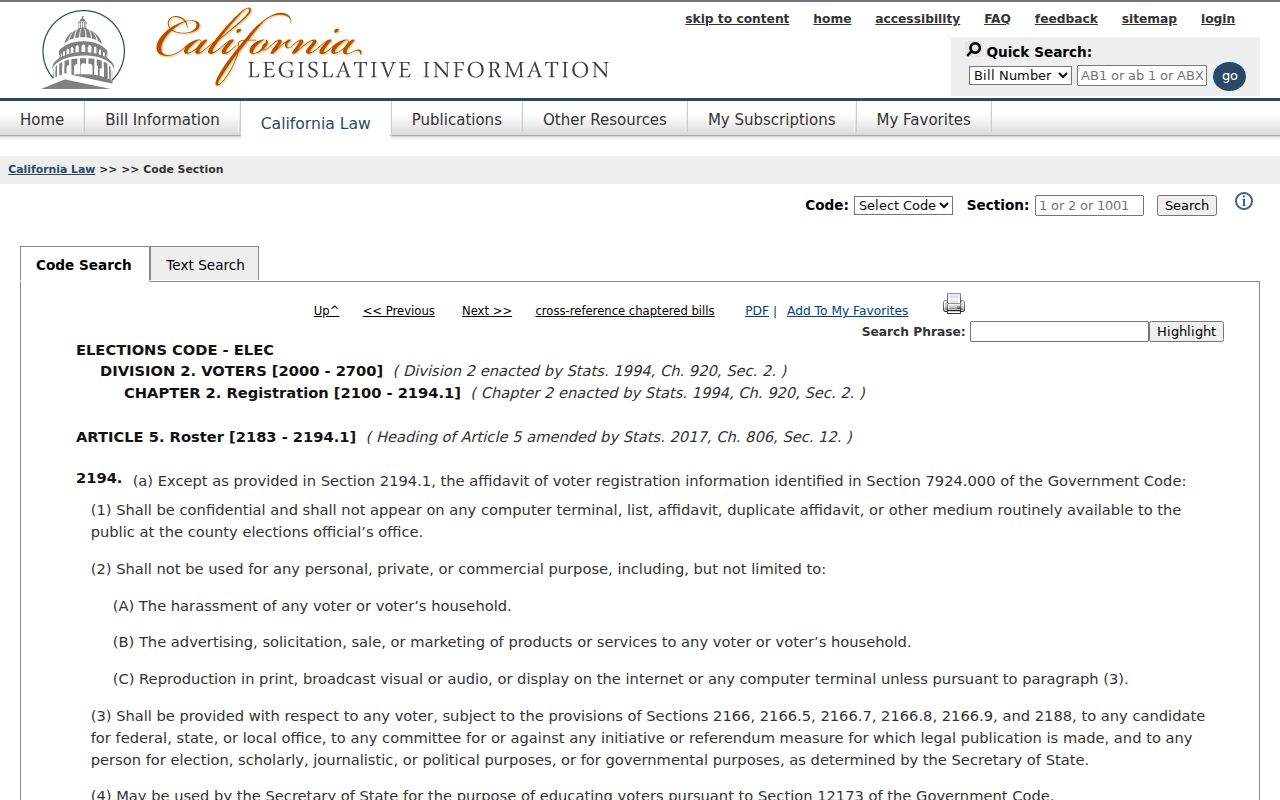 California Elections Code 2194 limits for Walnut voter registration information