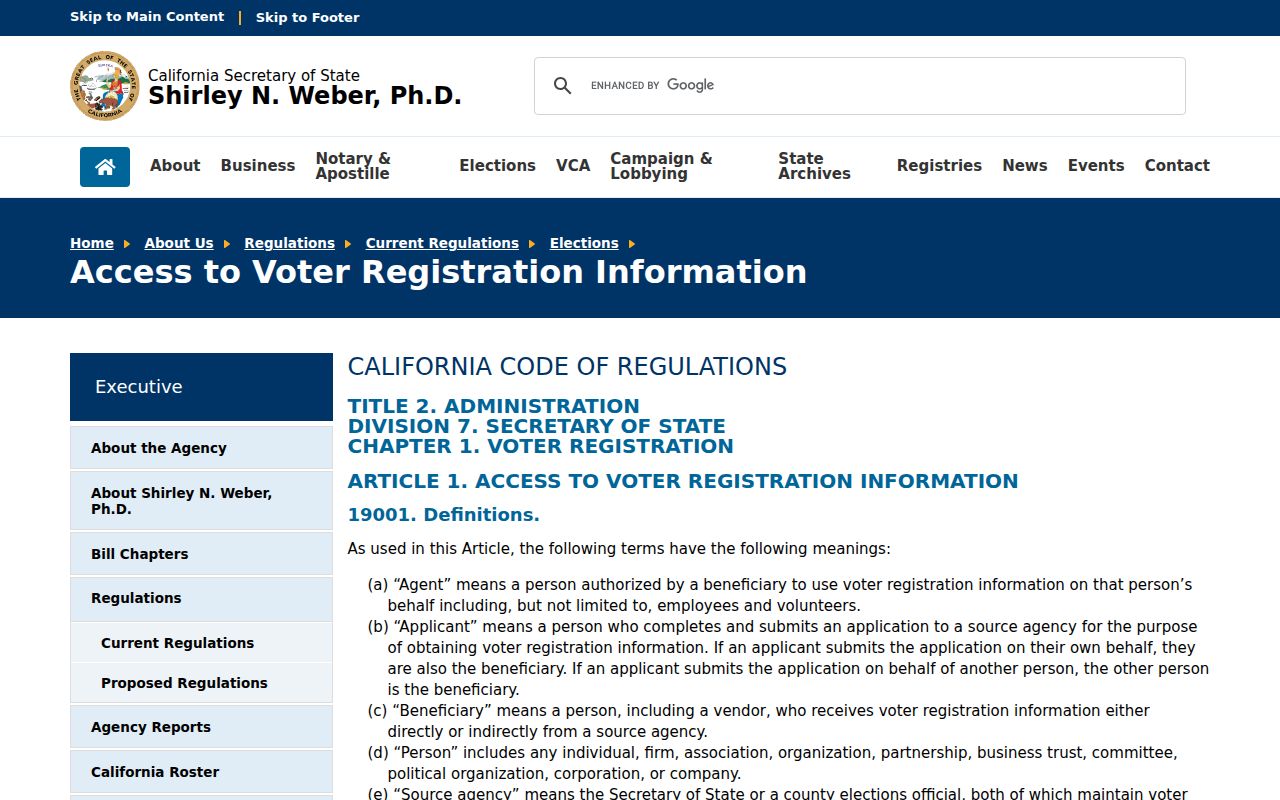 California voter registration access regulations applying to Walnut voter records