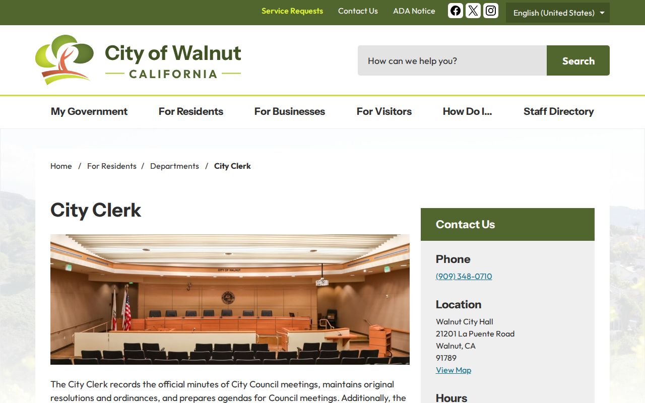 Walnut municipal records custodian at the City Clerk office